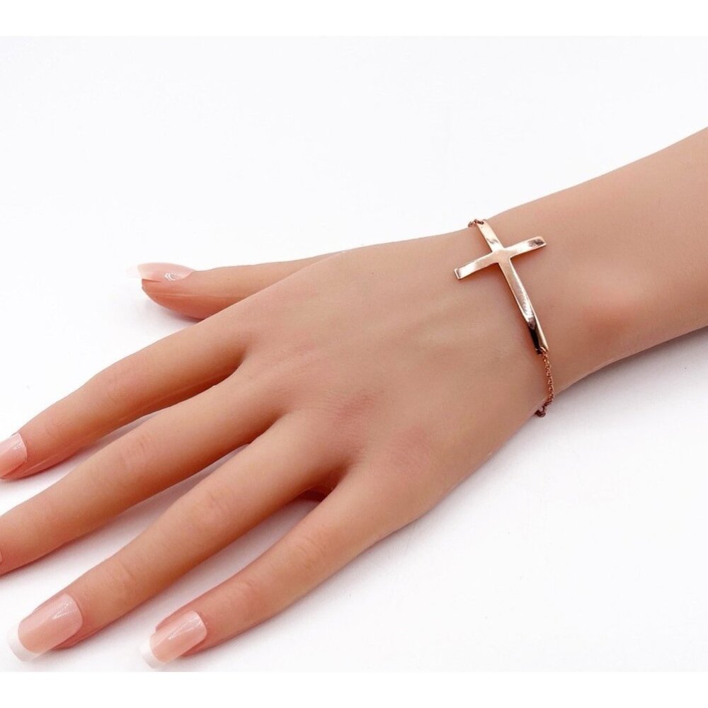 925 Sterling Silver Rose Gold Overlay Sideways Cross Bracelet Dainty Religion